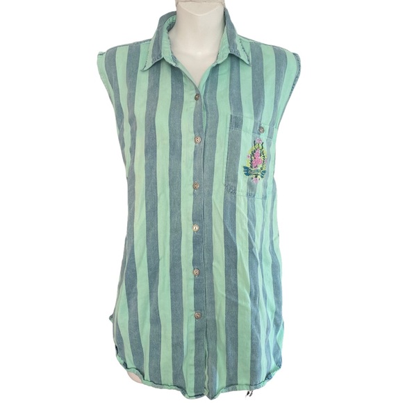 🤑10/$100 Short Circuit  wide stripe button down  floral embroidery blouse M - Picture 7 of 10